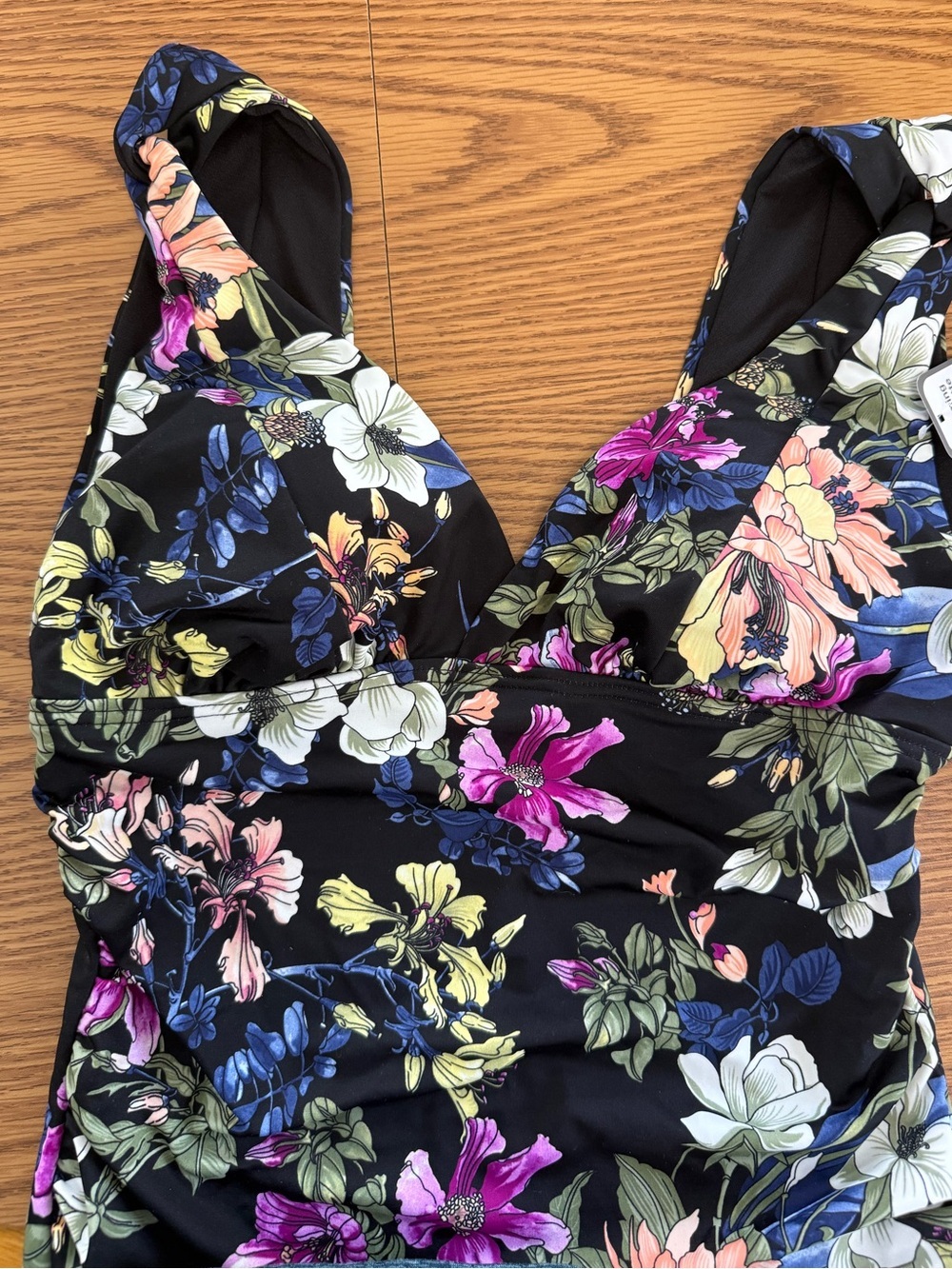 Black Floral Multi Color Swimsuit, Full Coverage, high back, Wide Straps, NWT - Picture 3 of 16